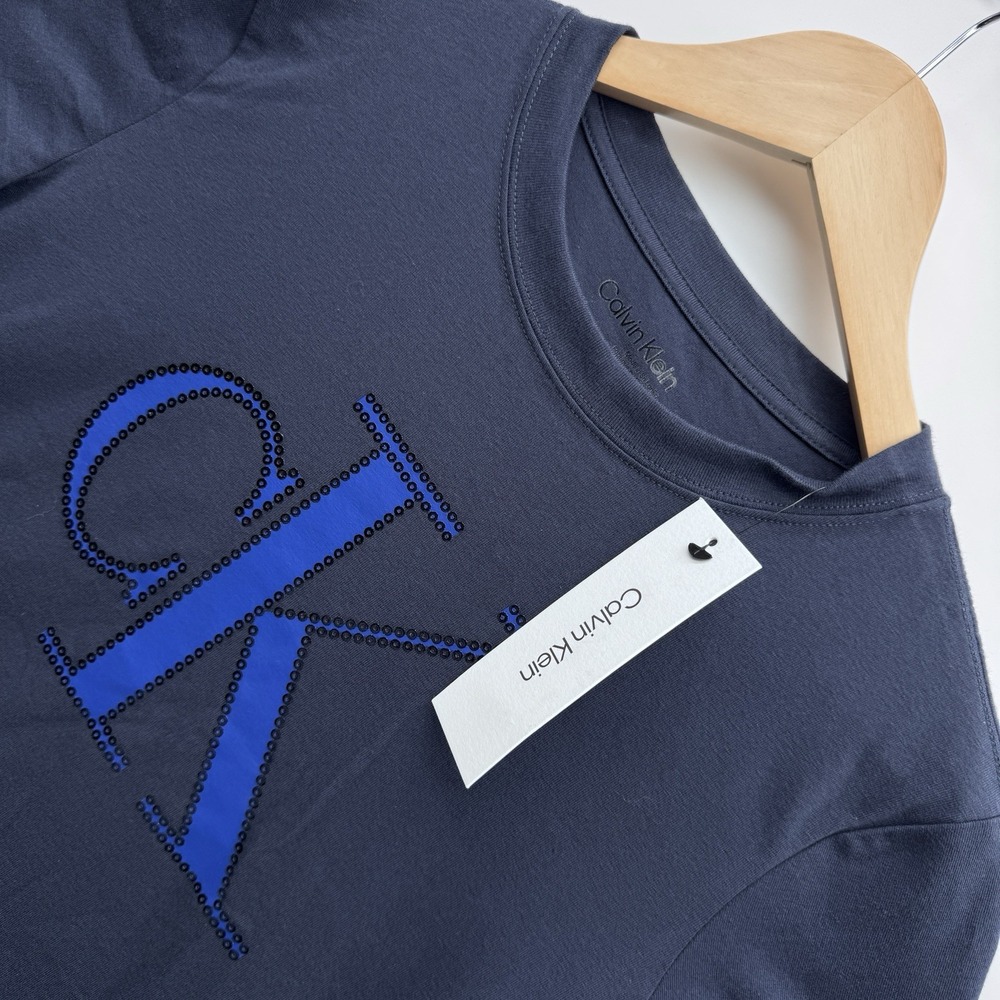 Calvin Klein T-Shirt Womens Medium Inkwell Blue Crew Neck Studded CK Logo